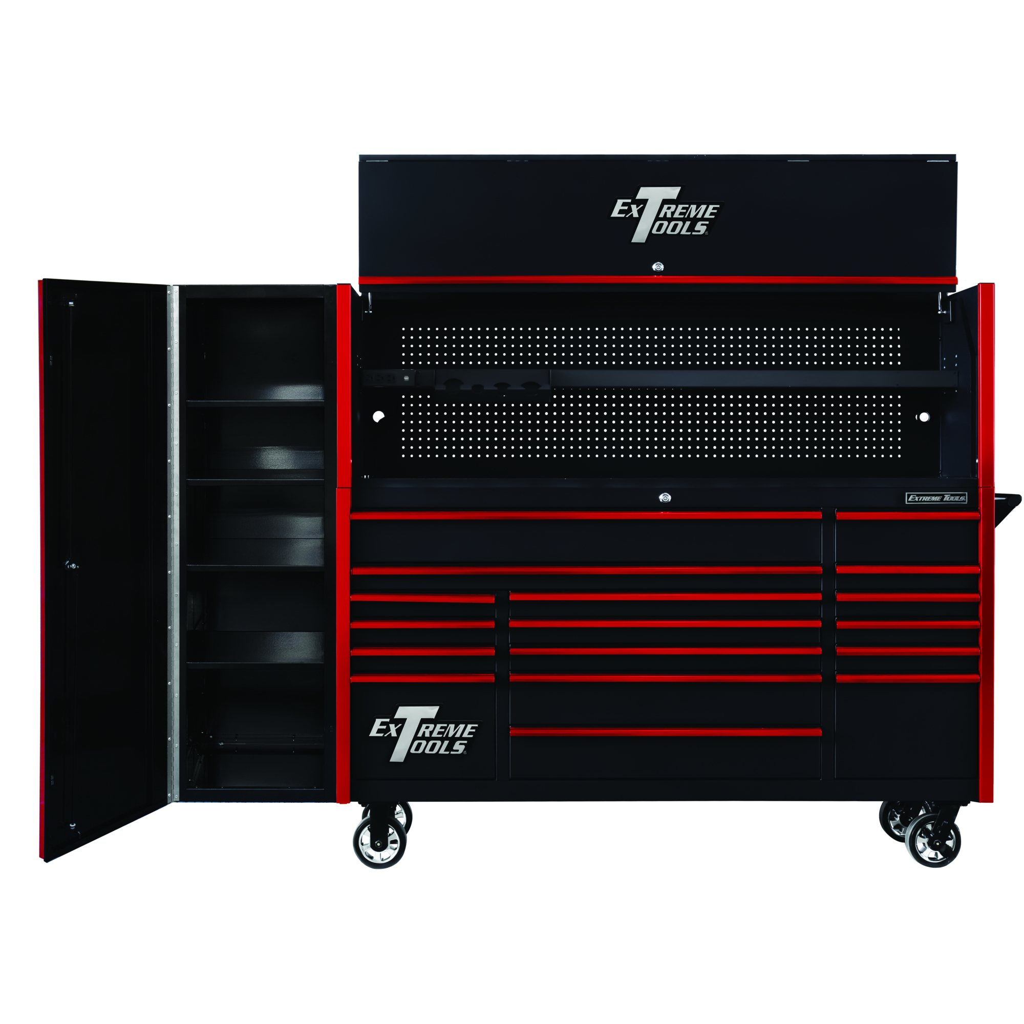 Extreme Tools DX Series 72in W x 21in D Extreme Power Workstation Hutch,  17-Drawer Roller Cabinet, and 19in Side Locker Combo,  Black w Red Drawer Pulls, Model# DX72HRSKR
